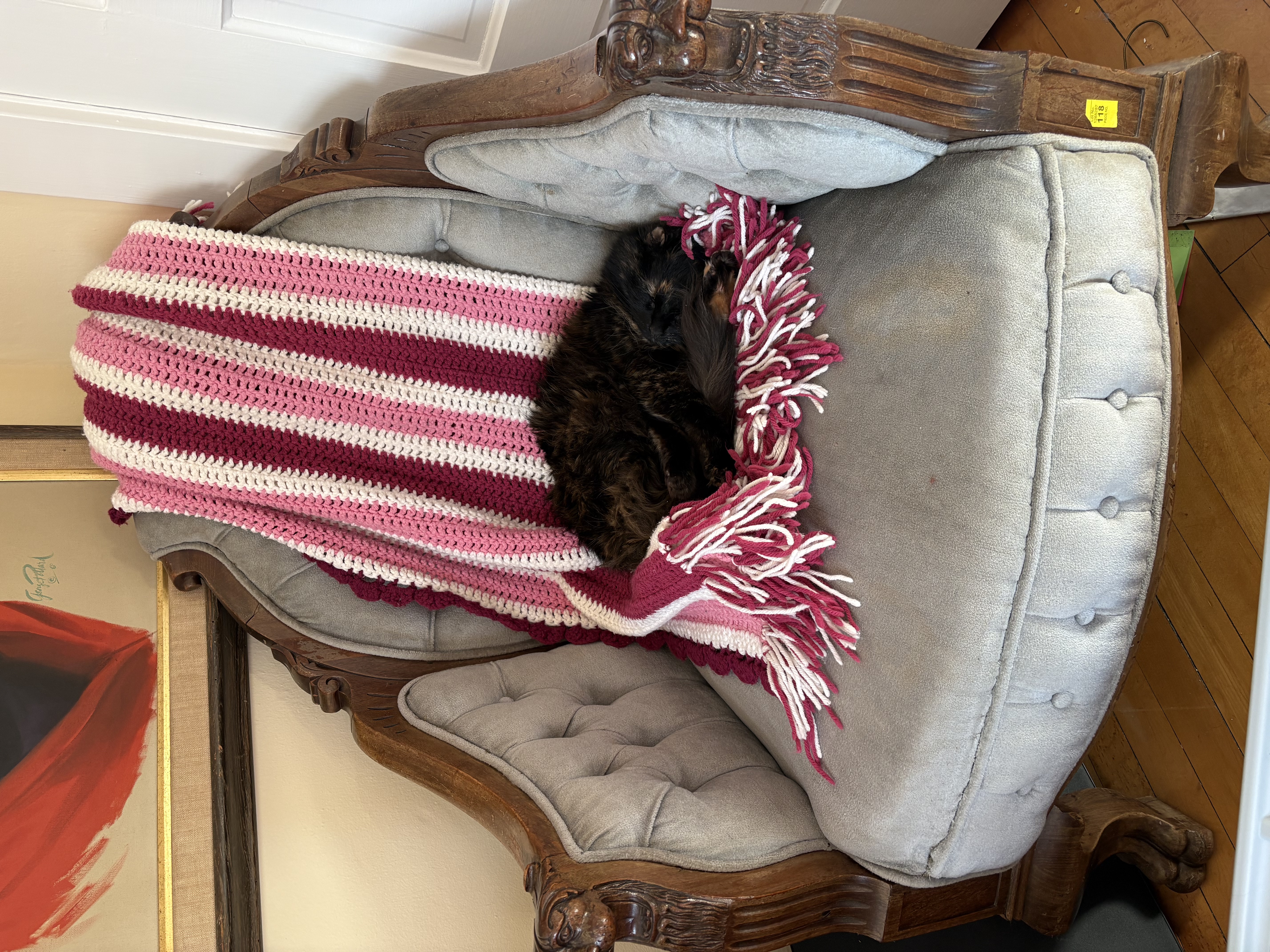 Photo of a tortie cat curled up in an antique blue chair, lying on striped red, pink, and white blanket that Sparklebuggy's great grandmother knitted :'-)